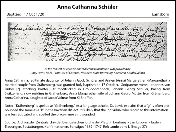 Baptismal Record Anna Catharina Schuler 1720