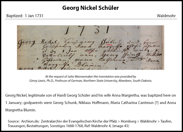 Baptismal Record Georg Nickel Schuler 1731