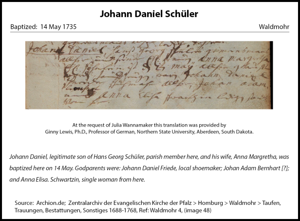 Baptismal Record Johann Daniel Schuler 1735