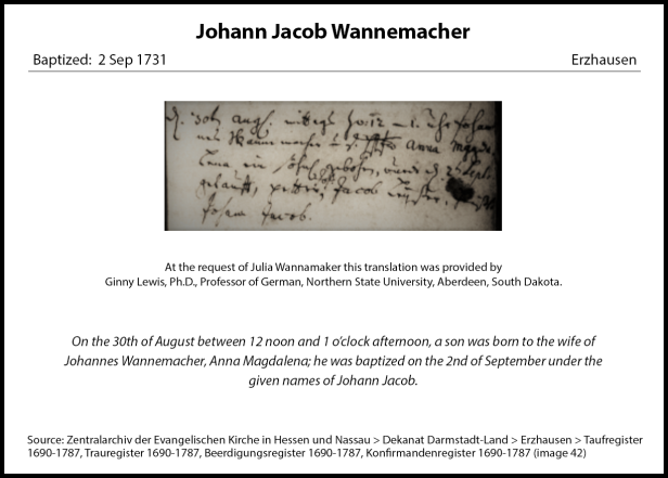 Baptismal Record Johann Jacob Wannemacher 1731