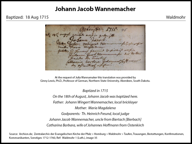 Baptismal Record Johann Jacob Wannenmacher 1715