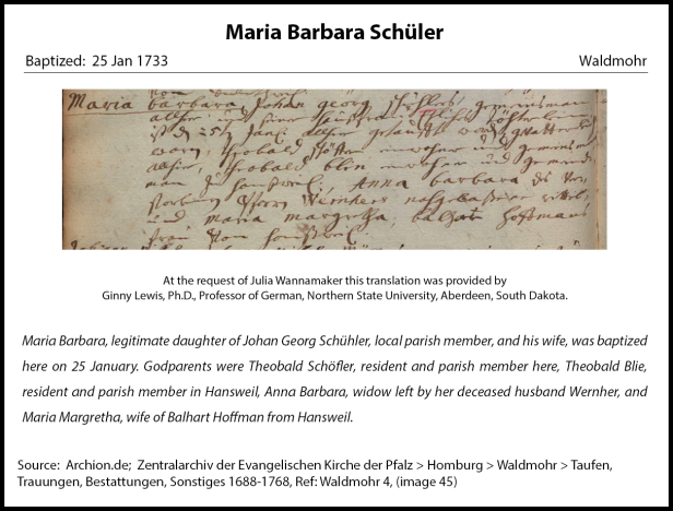 Baptismal Record Maria Barbara Schuler 1733