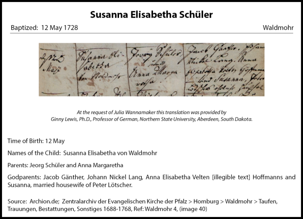 Baptismal Record Susanna Elisabetha Schuler 1728