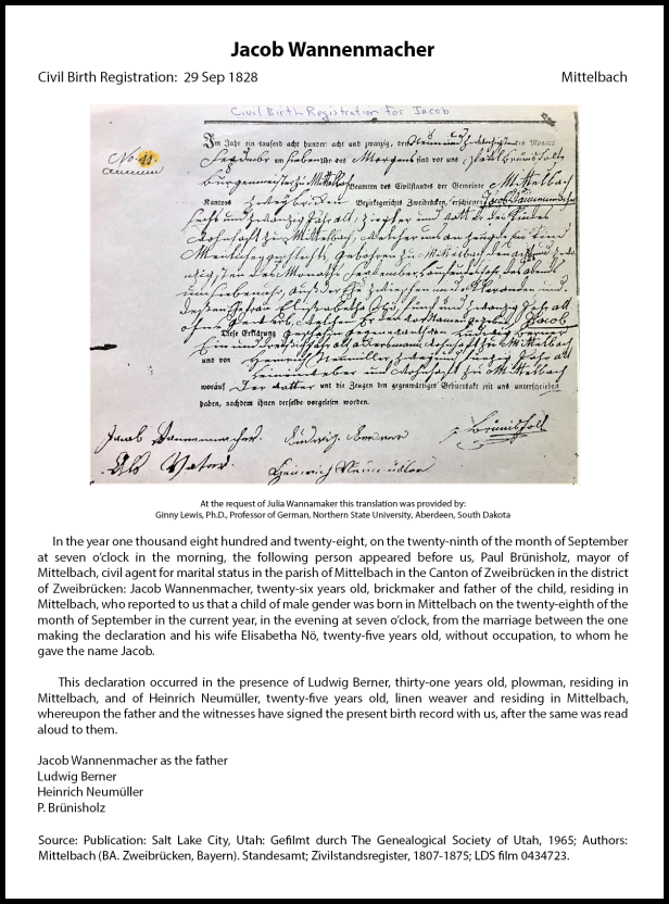 Jacob Wannemacher Civil Registration of Birth 1828 Source Added