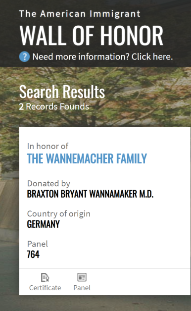 Ellis Island Wall of Honor The Wannemacher Family Panel donated by Braxton Bryant Wannamaker MD 090320