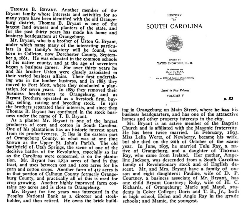 Thomas Braxton Bryant 1861 Planter Jackson Rev War History of SC Snowden vol5 page 82 091020
