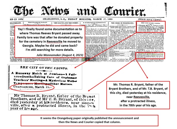 Thomas R Bryant Death Notice in News and Courier March 17 1893 website